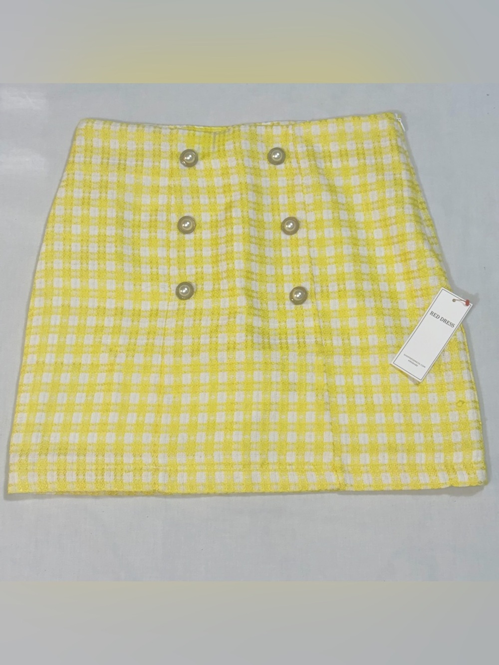 Aura NWT Yellow White Tweed Plaid Mini Skirt Women M Double Button Preppy O44